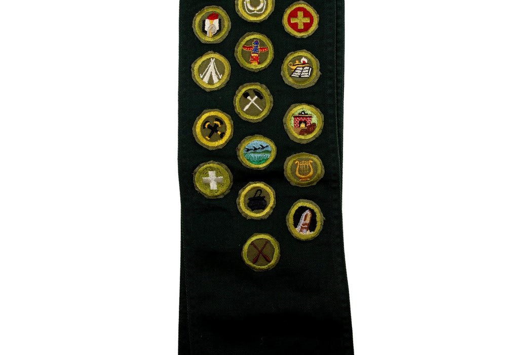 Merit Badge Sash 1950s Forest Green with 26 Khaki Crimped Merit Badges