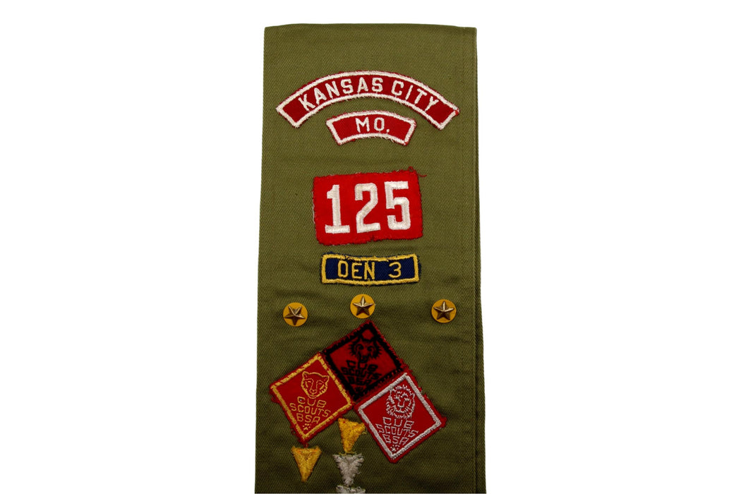 Merit Badge Sash 1950s Khaki with 8 Crimped Merit Badges and More