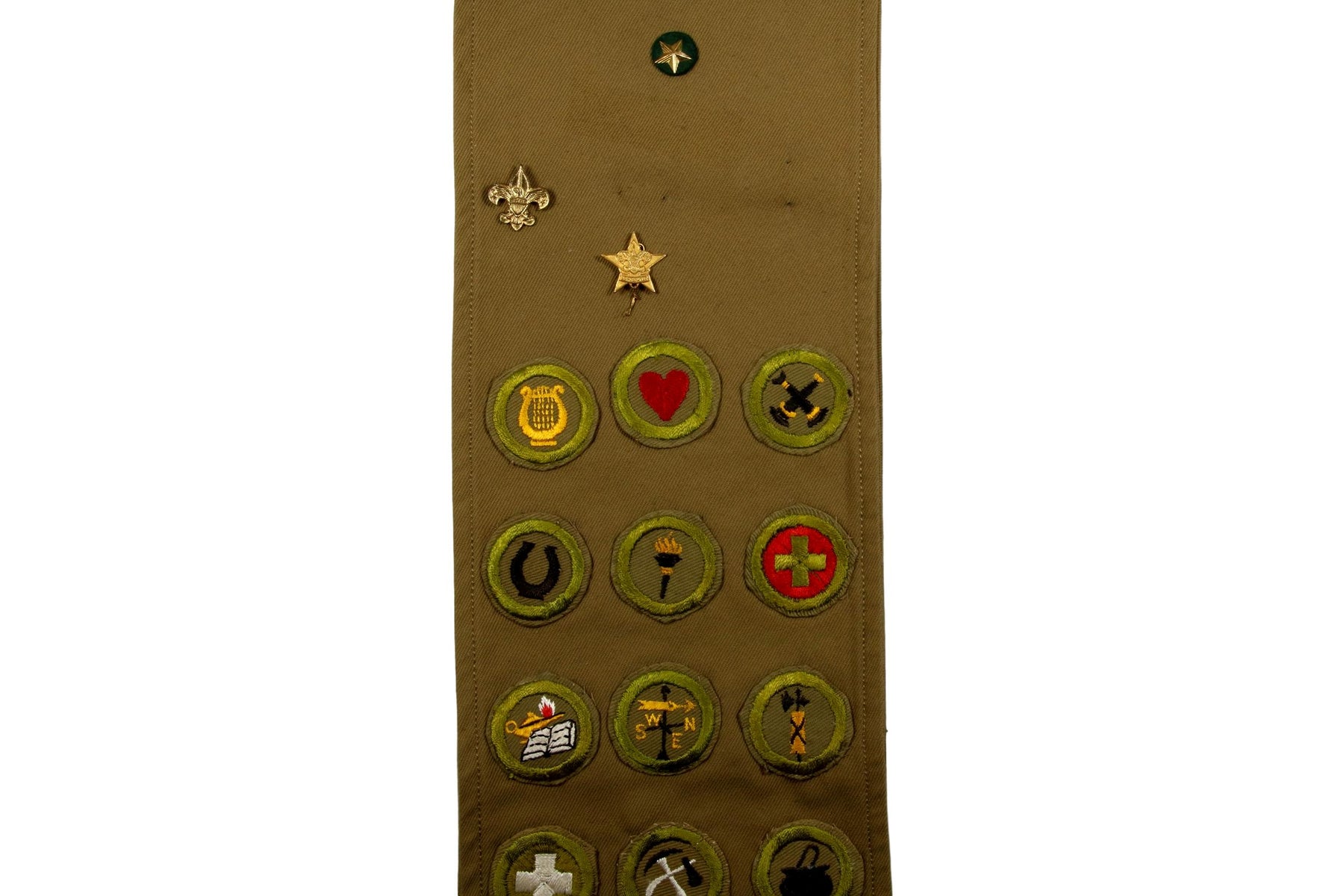 Merit Badge Sash 1930s - 1940s with 13 Tan Crimped Merit Badges on 1930s Tan