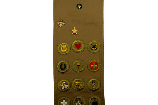 Merit Badge Sash 1930s - 1940s with 13 Tan Crimped Merit Badges on 1930s Tan