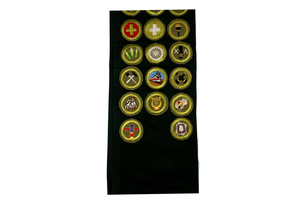 Merit Badge Sash 1950s with 1 Rolled Edge Till and 28 Kahki Crimped Merit Badges on Explorer Green