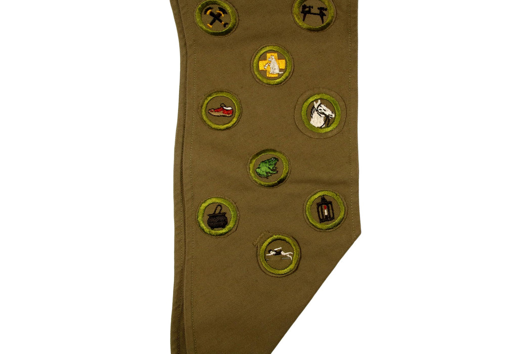 Merit Badge Sash 1930s - 1940s with 9 Wide Tan and 11 Tan Crimped Merit Badges on Tan