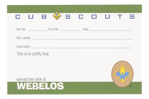 Webelos Pocket Certificate