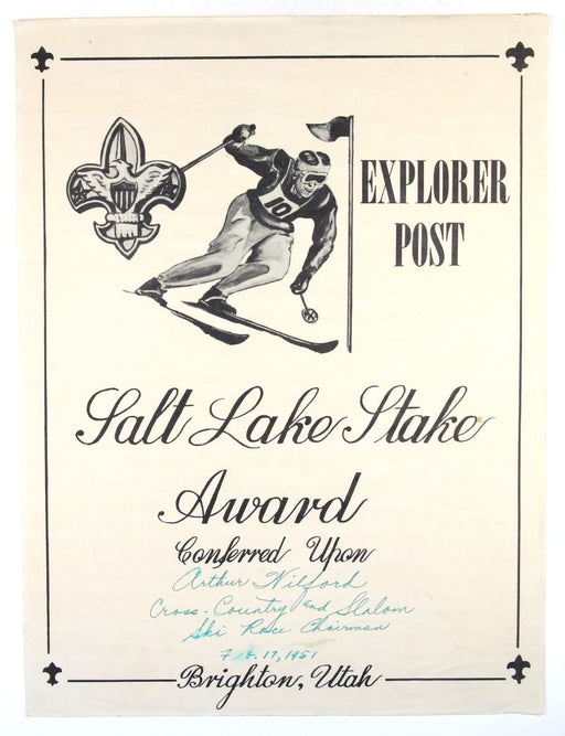 Salt Lake Stake Award Certificate 1951