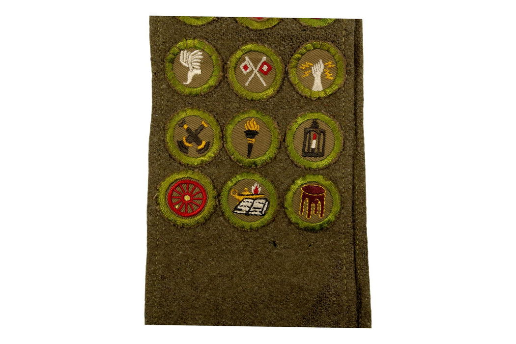 Merit Badge Sash 1930s - 1940s with 22 Tan Crimped  Merit Badges on 1930s Wool
