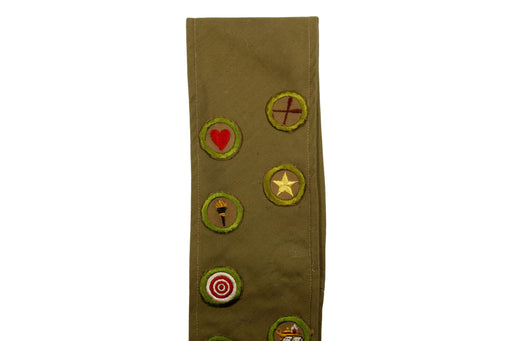Merit Badge Sash 1930s - 1940s with 19 Tan Crimped Merit Badges