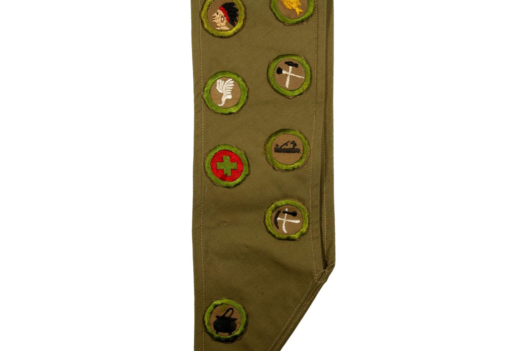 Merit Badge Sash 1930s - 1940s with 19 Tan Crimped Merit Badges