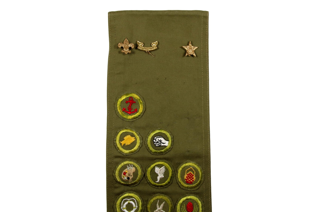 Merit Badge Sash 1950s with 35 Khaki Crimped Merit Badges