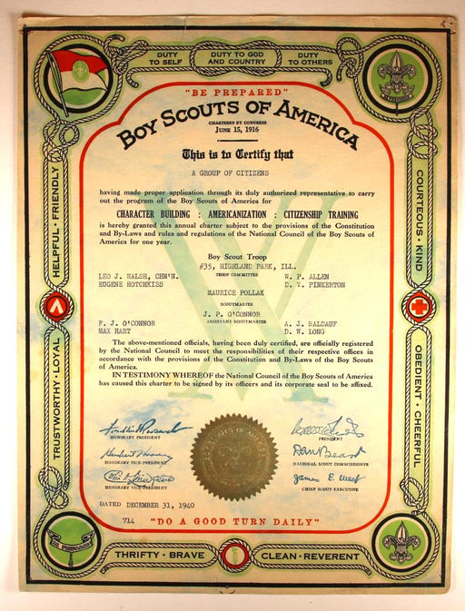 Boy Scout Troop Charter 1940