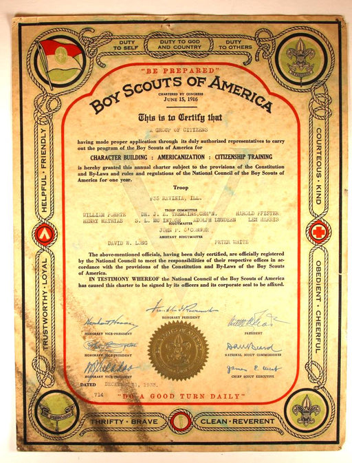 Boy Scout Troop Charter 1933