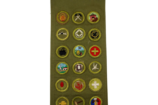 Merit Badge Sash 1950s with 36 Khaki Crimped and 2 Narrow Crimped and 1 Fine Twill on 1930s Tan