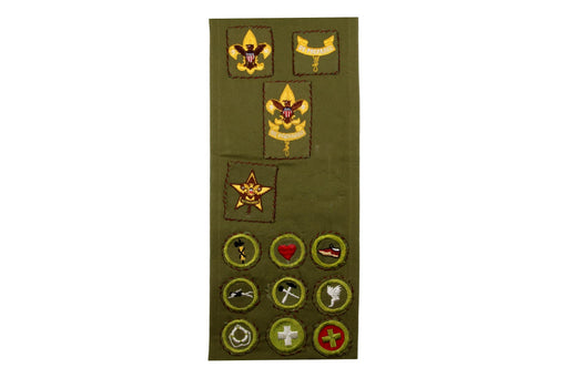 Merit Badge Sash 1950s - 1960s with 9 Khaki Crimped Merit Badges and 4 Rank Patches on 1960s Khaki