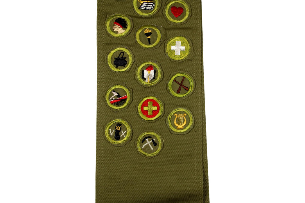Merit Badge Sash 1950s with 22 Khaki Crimped on a Khaki Sash