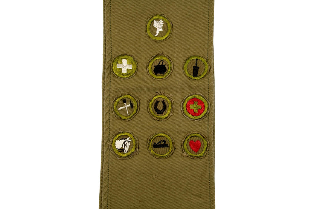 Merit Badge Sash 1940s with 10 Tan Crimped Merit Badges on 1940s Sash