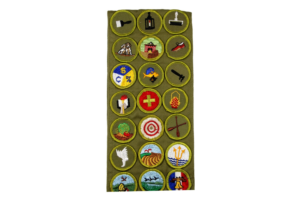 Merit Badge Sash 1960s with 72 Tan Crimped Merit Badges on 1960s Sash
