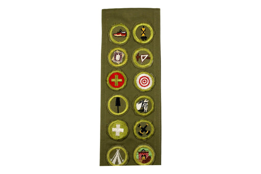 Merit Badge Sash 1950s with 74 Rolled Edge Merit Badges on 1950s Narrow Sash