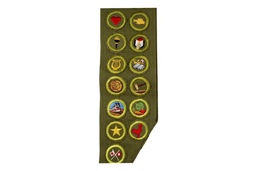 Merit Badge Sash 1950s with 74 Rolled Edge Merit Badges on 1950s Narrow Sash