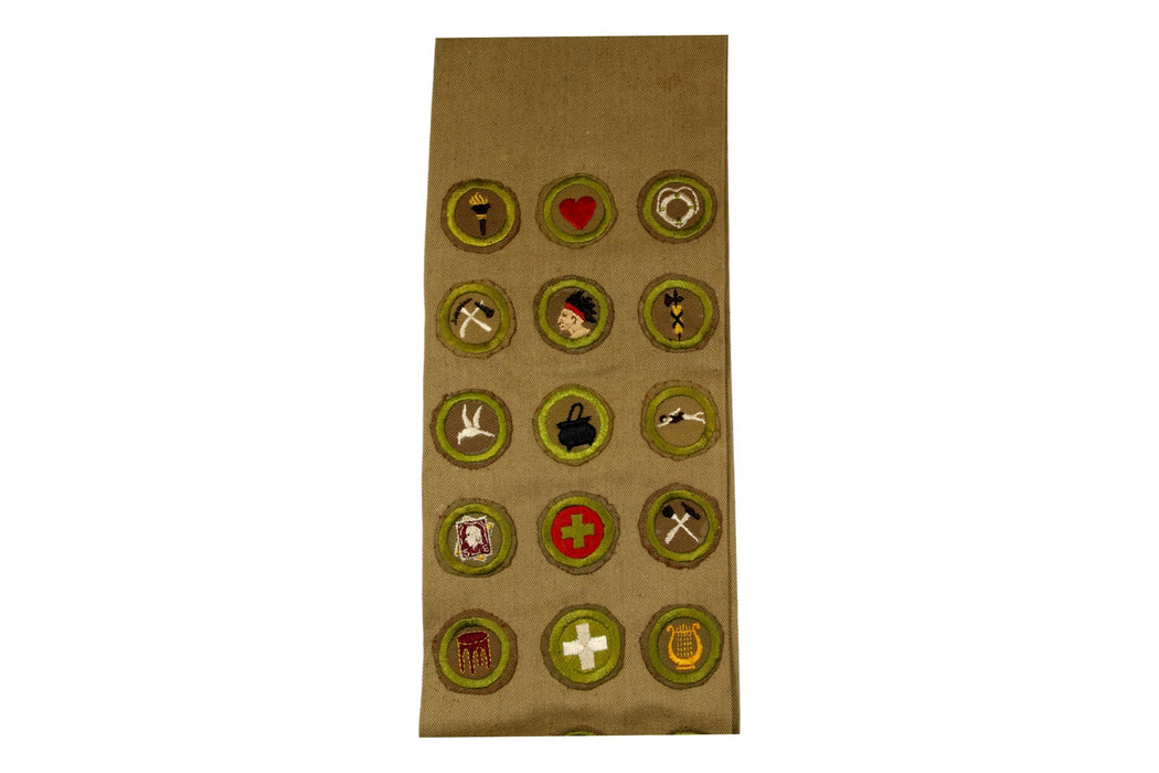 Merit Badge Sash 1940s with 21 Tan Crimped Merit Badges