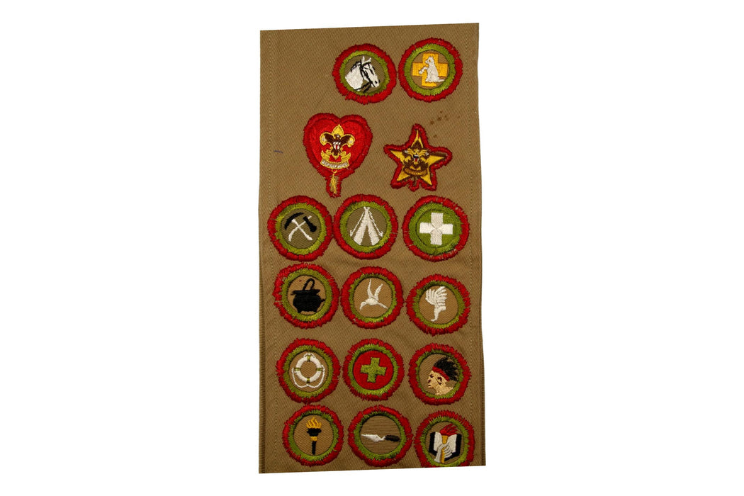 Merit Badge Sash 1940s  23 Tan Narrow Crimped and Star and Life Patch Hand Embroidered to Sash