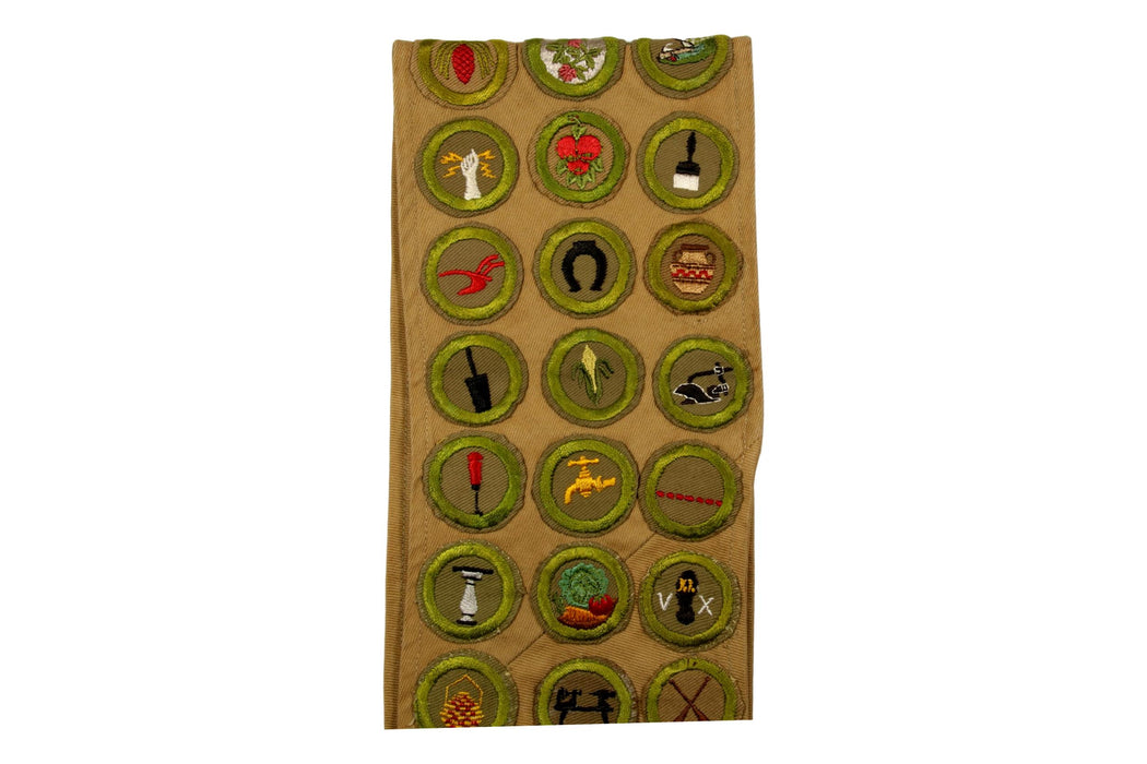 Merit Badge Sash 1940s - 1950s 82 Tan Narrow Crimped and 4 Khaki Crimper Merit Badges and a Cabin Boy Patch