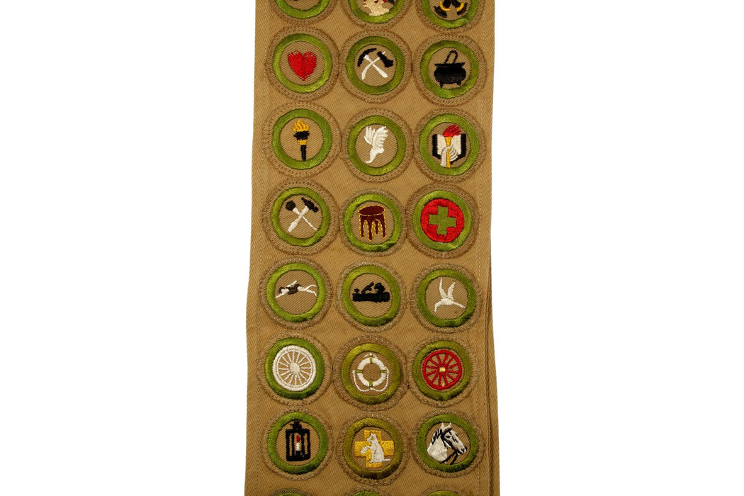Merit Badge Sash 1940s - 1950s 82 Tan Narrow Crimped and 4 Khaki Crimper Merit Badges and a Cabin Boy Patch