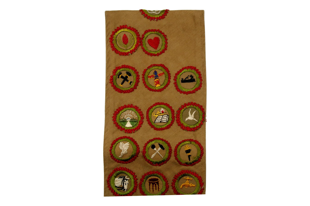 Merit Badge Sash 1940s - 1950s 30 Tan Narrow Crimped and 1 Khaki Crimper Merit Badges with Hand Embroidered Borders