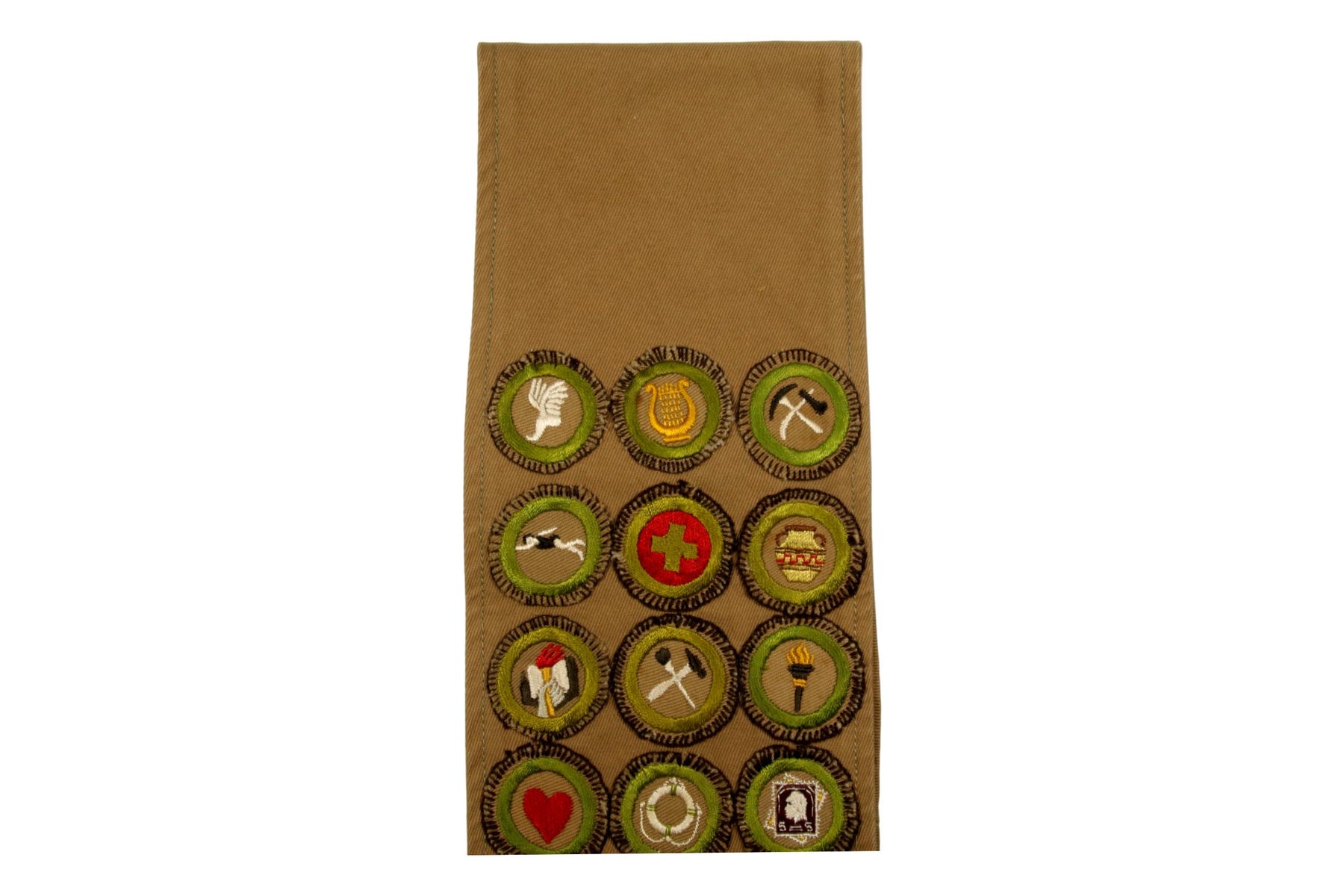 Merit Badge Sash 1940s 37 Tan Narrow Crimped Merit Badges with Hand Embroidered Borders