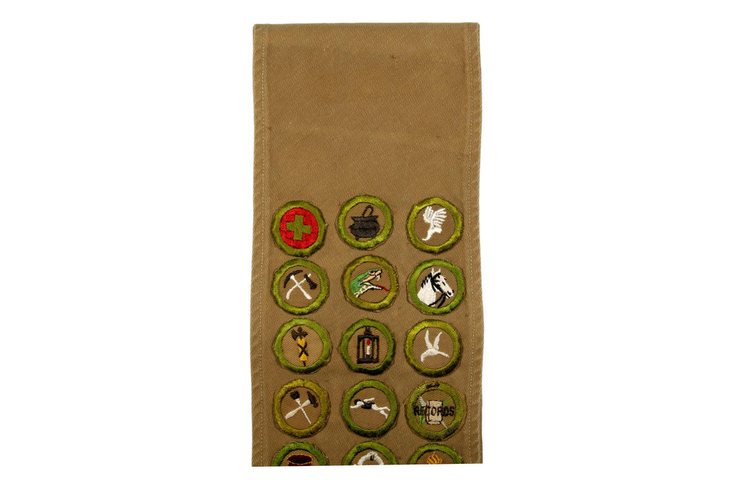 Merit Badge Sash 1940s with 27 Tan Narrow Crimped Merit Badges