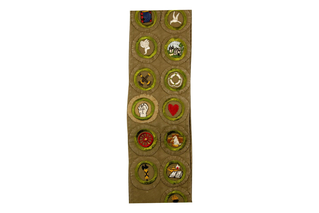 Merit Badge Sash 1930s with 19 Wide Border Tan Merit Badges