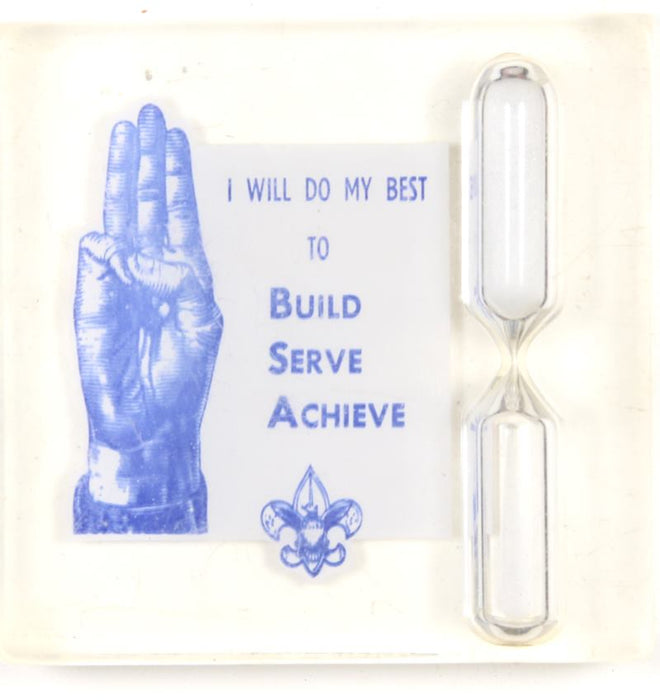 Build, Serve, Achieve Hour Glass and Paperweight