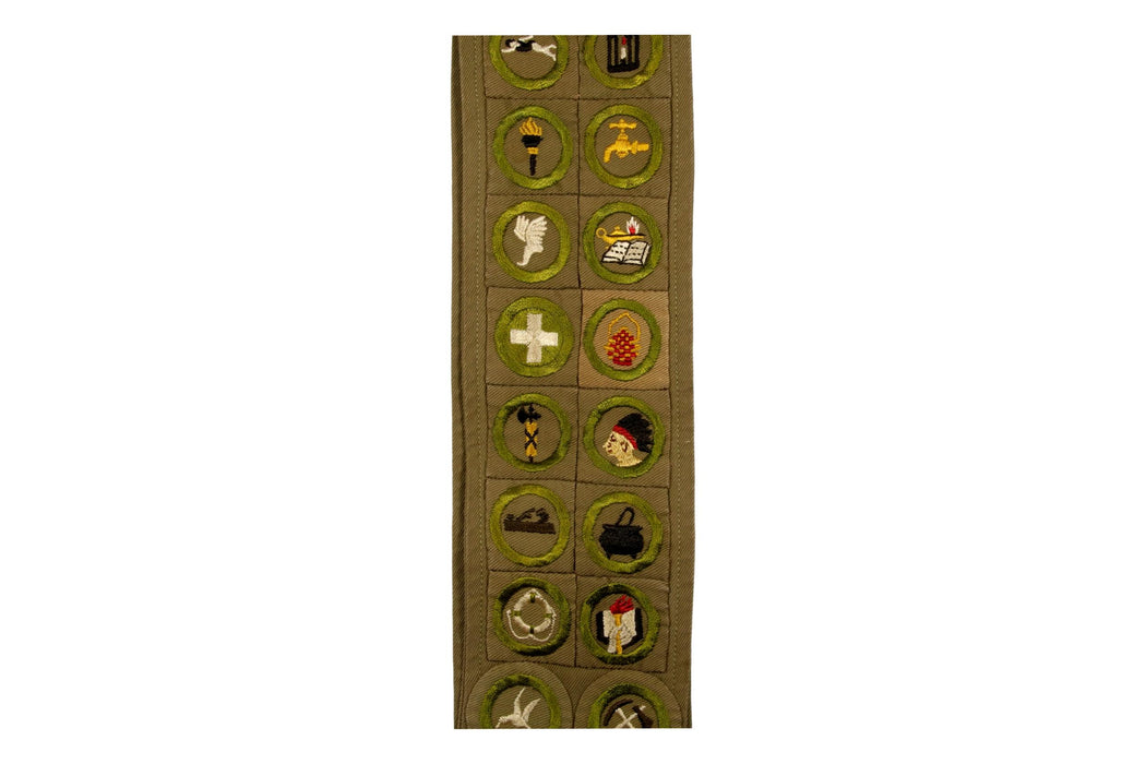 Merit Badge Sash 1920s - 1930s with 29 Square Merit Badges and 11 Wide Border and 1 Narrow Border Tan