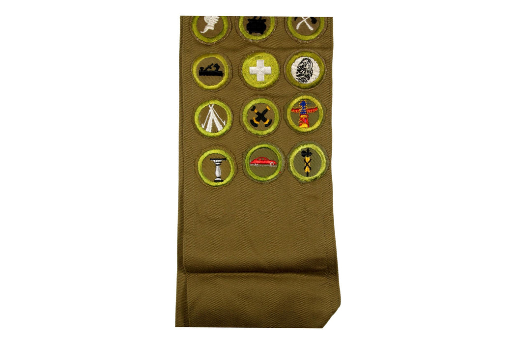 Merit Badge Sash 1930s-1940s  with 18 Tan Crimped and 3 Khaki Crimped Merit Badges