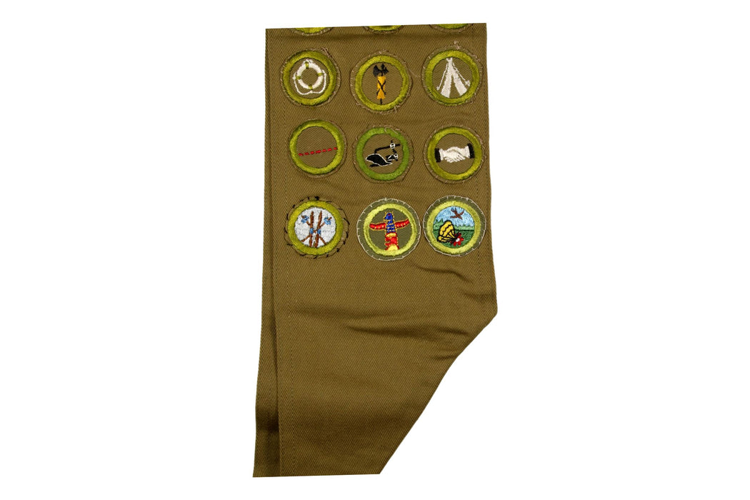 Merit Badge Sash 1930s-1940s 25 Tan Crimped and 2 Khaki Crimped Merit Badges
