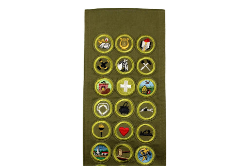Merit Badge Sash 1950s with 45 Khaki Crimped and 1 Rolled Edge Twill Merit Badges