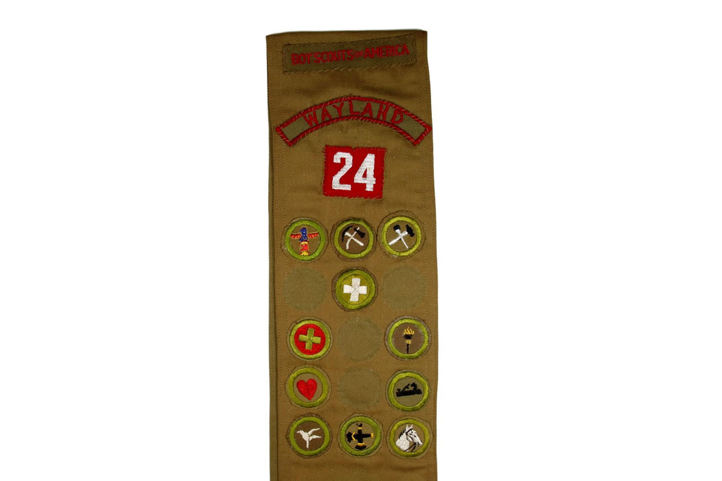 Merit Badge Sash 1930s - 1940s with 11 Tan Crimped Merit Badges on 1930s Tan