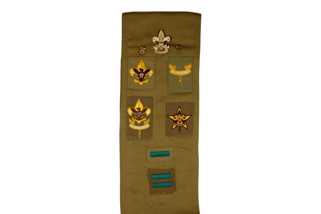 Merit Badge Sash 1930s - 1940s with 11 Tan Crimped Merit Badges on 1930s Tan