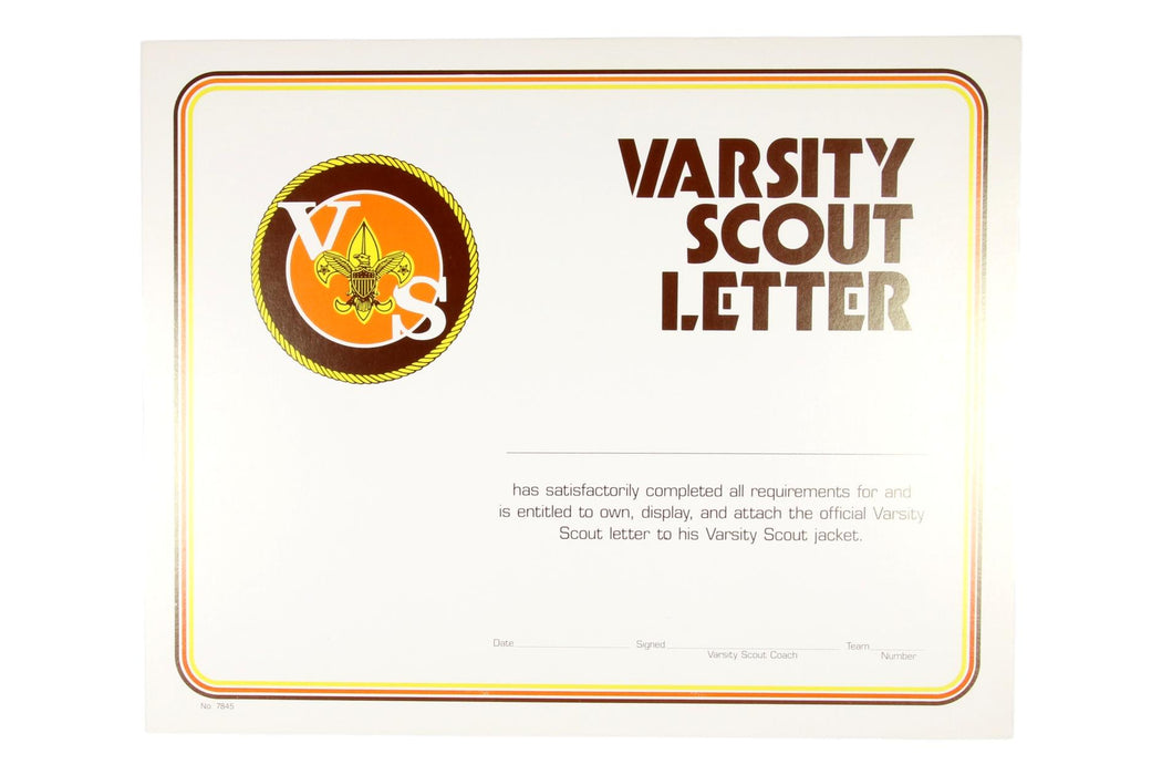 Varsity Scout Letter Certificate