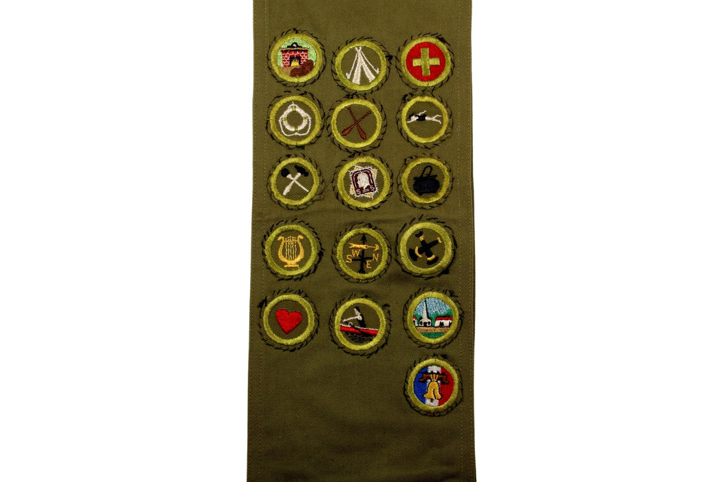 Merit Badge Sash 1950s-1960s Khaki with 16 Khaki Crimped Merit Badges and More