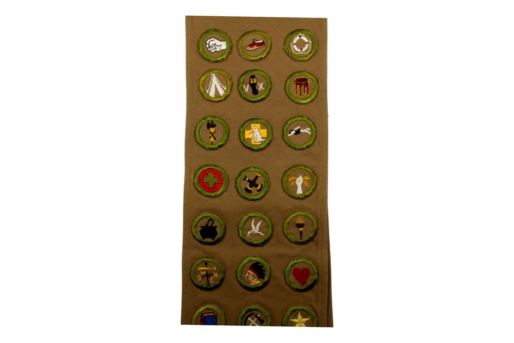 Merit Badge Sash 1930s-1940s Tan with 24 Tan Crimped Merit Badges