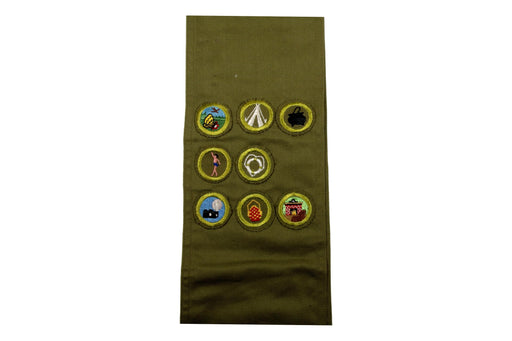 Merit Badge Sash 1950s Khaki with 8 Crimped Merit Badges and More