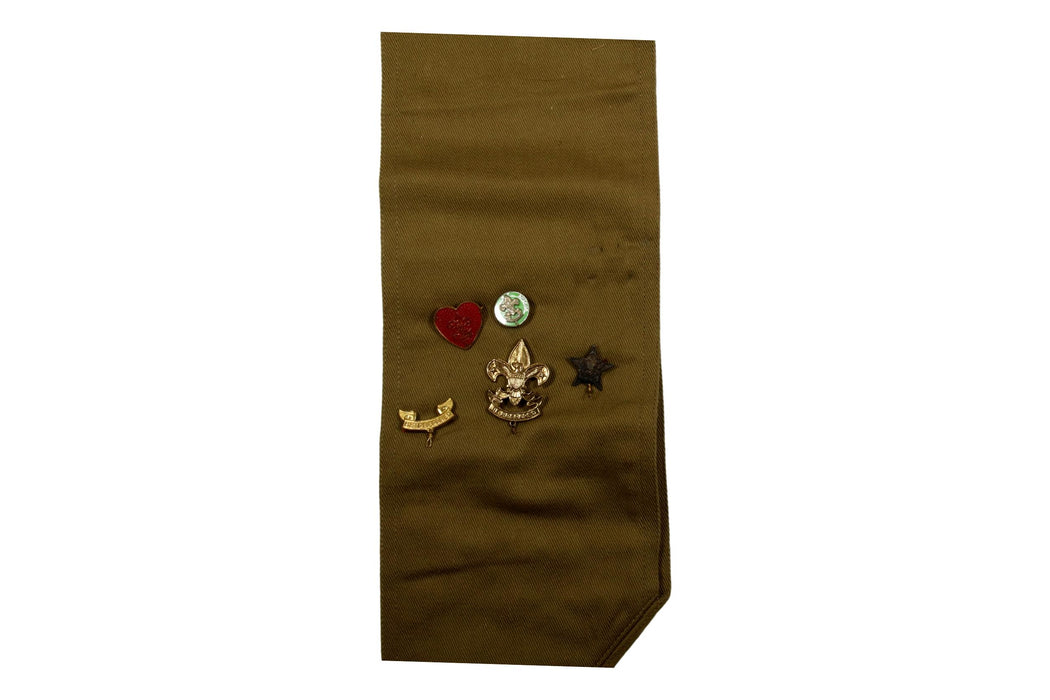 Merit Badge Sash 1930s - 1940s with 15 Tan Crimped Merit Badges on 1930s Tan