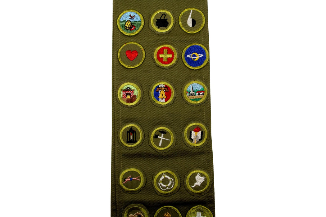 Merit Badge Sash 1950s - 1960s with 12 Khaki Crimped and 12 Rolled Edge Twil Merit Badges on 1970s Khaki