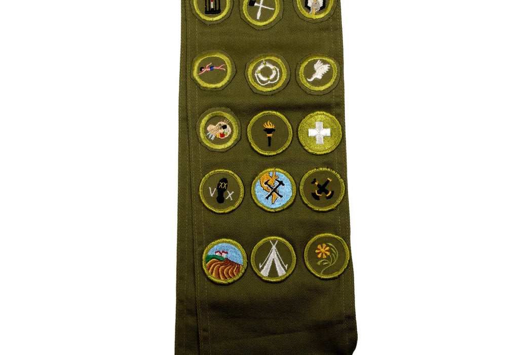 Merit Badge Sash 1950s - 1960s with 12 Khaki Crimped and 12 Rolled Edge Twil Merit Badges on 1970s Khaki