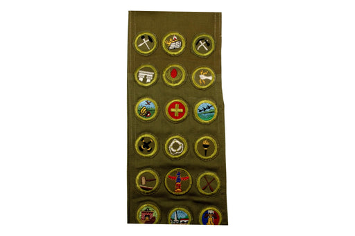 Merit Badge Sash 1950s - 1960s with 23 Kahki Crimped and 1 Rolled Edge Twill Merit Badges on 1960s Khaki