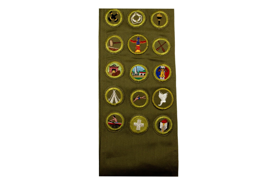 Merit Badge Sash 1950s - 1960s with 23 Kahki Crimped and 1 Rolled Edge Twill Merit Badges on 1960s Khaki