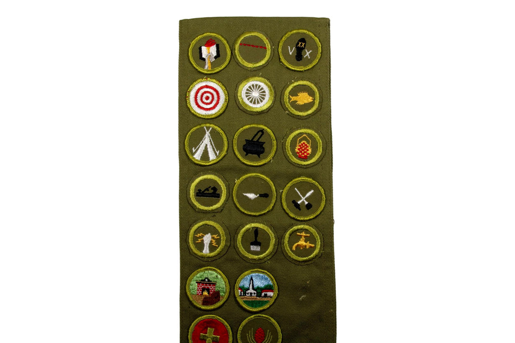 Merit Badge Sash 1950s - 1960s with 8 Khaki Crimped and 11 Rolled Edge Twill Merit Badges on 1960s Khaki