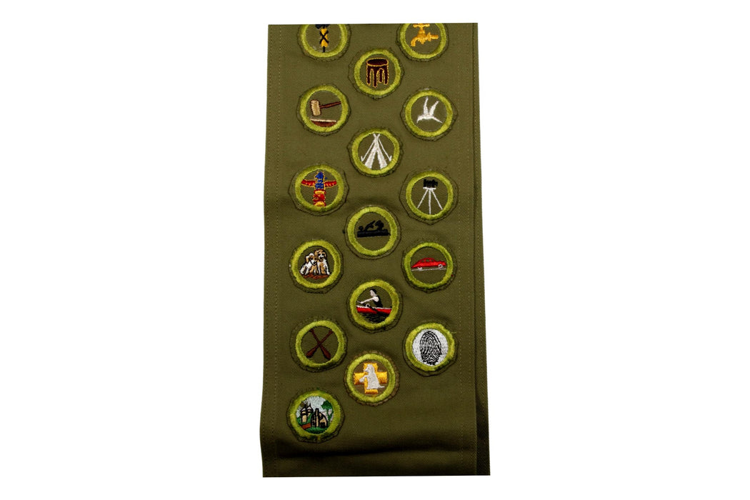 Merit Badge Sash 1950s with 28 Kahki Crimped Merit Badges on 1960s Khaki