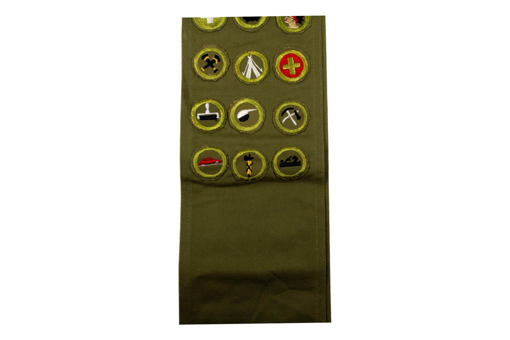 Merit Badge Sash 1950s with 21 Kahki Crimped Merit Badges on 1960s Khaki
