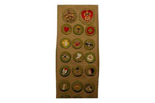 Merit Badge Sash 1930s - 1940s with 27 Tan Crimped and 2 Khaki Crimped Merit Badges on 1930s Tan