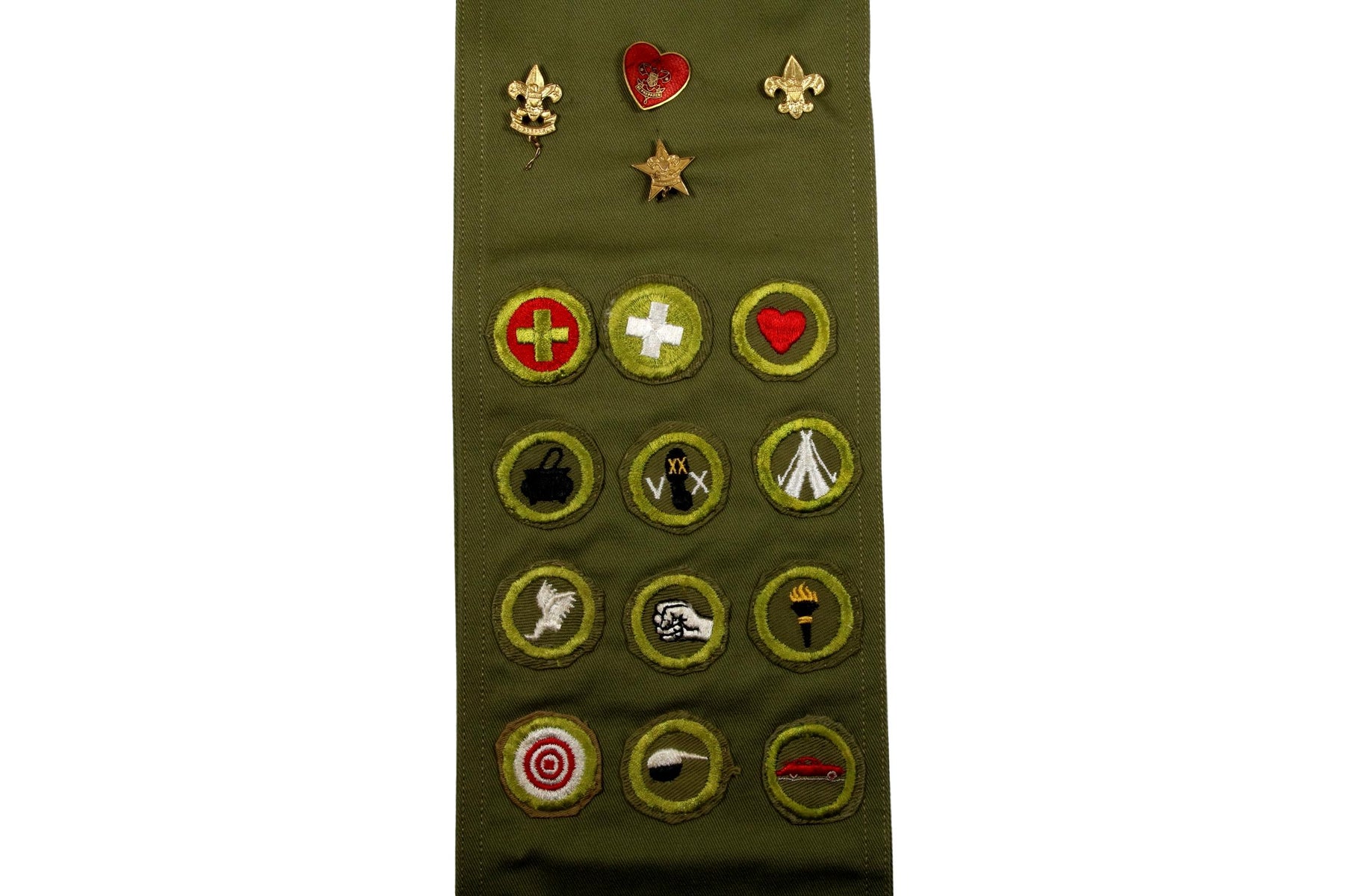 Merit Badge Sash 1940s - 1950s with 1 Fine Twill and 11 Kahki Crimped Merit Badges on 1960s Khaki